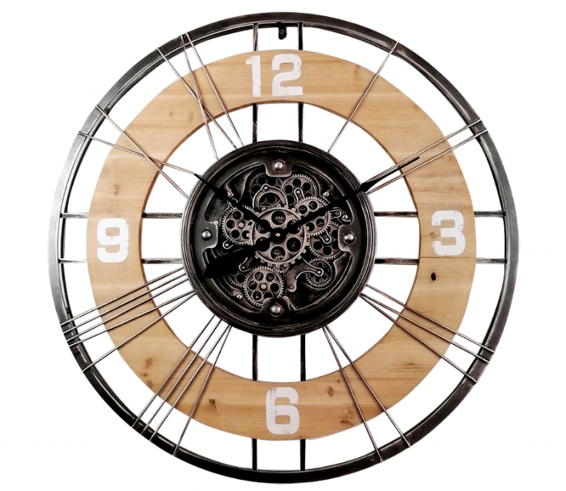 Horloge à engrenage en bois et métal 90cm - décoration murale Sarzeau Vannes