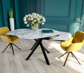 table blanc marbré résistante, extensible jusqu'à 1.80 mètres intérieure KHEOPS Avane Akante Sarzeau Vannes