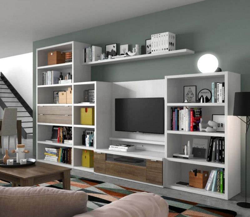 bibliothèque sur mesure salcedo class intégrée à un salon avec meuble TV et étagères