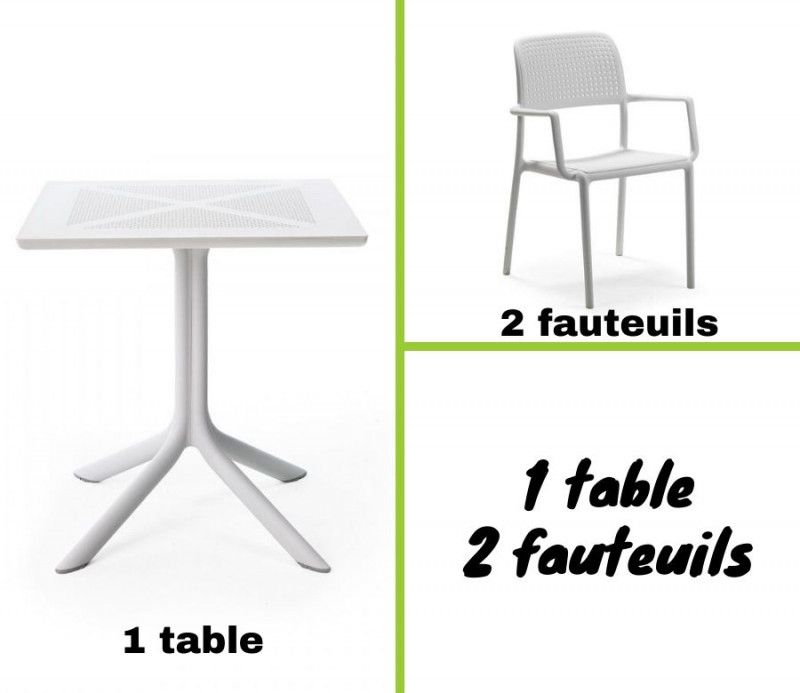 Ensemble table CLIPX 70x70 cm + 2 fauteuils blanc Bora en plastique solide - Nardi