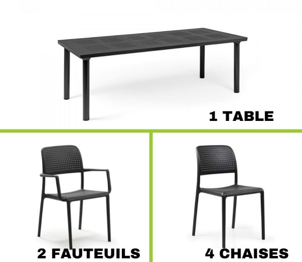 Ensemble table LIBECCIO  + 2 fauteuils Bora + 4 chaises Bora en plastique solide - Nardi