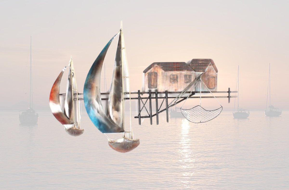 décoration murale en metal de bateaux avec une maison 